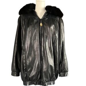Vtg Vericci Leather Bomber Jacket Removable Fur Collar USA Black 80s Mob Wife